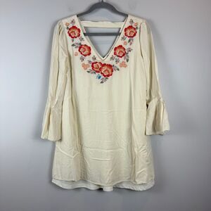 Altar'd State Mini Dress Women Small Ivory Embroidered Floral V-Neck Bell Sleeve
